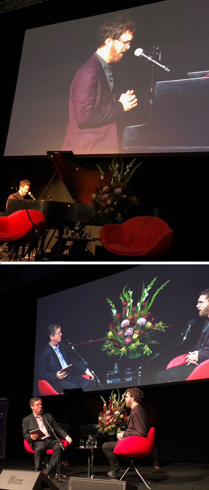 (Top) Ben Folds performing. (Bottom) Richard Fidler and Ben Folds