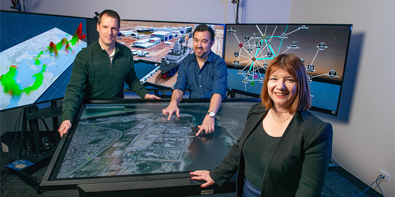 UniSA lecturers Dr Wolfgang Mayer and Dr Andrew Cunningham with Dr Anastasia Kuusk from BAE Systems ... UniSA research will support innovations including touchscreen conference tables to present data in a meeting room or boardroom format.