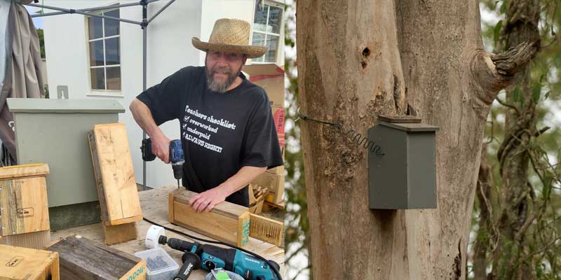 Kangaroo Island resident John Bancan making an emergency nest box – one of a number of community projects under way on KI, supported by new funding from UniSA.