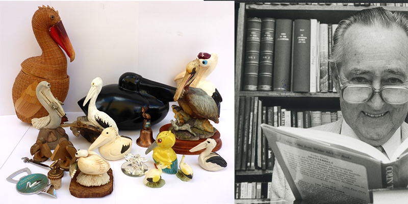 (L) A small selection of the collection of pelicans gifted to Colin Thiele. (R) Colin Thiele among his books, 20 June 1990. Messenger Press Photo from State Library of SA collection
