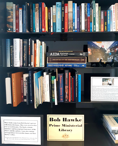 A small selection of books from Hawke’s personal collection on display in the Bob Hawke Prime Ministerial Library.