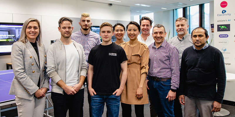 Representatives from the new companies selected to take part in Venture Catalyst 2020 (left to right) Katie Gloede (Sport Tech Learn), Joshua Arnall (VIMBAL), Albert Marashi and Jack Gallagher-Bohn (Live Map), Chia-Chi Chen and Sylvia Chien (Ominiwell), Marshall Cowan (Licorice), Serguei Rossomakhine, Henry Sukhinin and Prabhu Manyem (ByteProTeQ). Missing: Ben Longstaff (Golden).