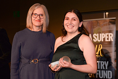 UniSA student (right) Helen Karakulak was presented the Julie Duncan Memorial Award for Student Journalism by UniSA Executive Dean for Creative Associate Professor Veronika Kelly.