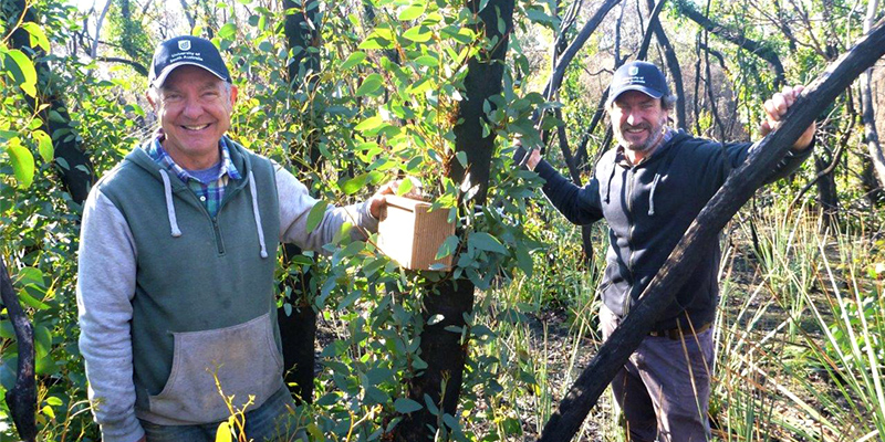 Peter Hammond (left) and Jo Sullivan (right) with a pygmy possum box made at the Yankalilla Men’s Shed. Peter and Jo were employed part-time for a year by the VC Fund.