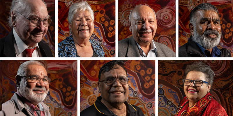 The members of Purkarninthi: (L-R top) Uncle Lewis O’Brien, Aunty Roslyn Weetra, Uncle David Rathman, Uncle Frank Wanganeen, (bottom) Uncle Kevin (Dookie) O’Loughlin, Uncle Kym Kropinyeri and Aunty Lynette Crocker. Not pictured: Aunty Lucy Waniwa Lester. Photos courtesy Nharla Photography