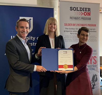 UniSA Director for Defence and Space Matt Opie, Soldier On Australia Partnerships and Grants Director Prudence Slaughter and Deputy Vice Chancellor: Research and Enterprise Professor Marnie Hughes-Warrington after signing the pledge.