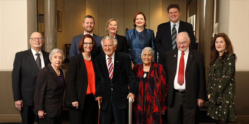 Bob Hawke’s Private Secretary Jill Saunders (top row, second from left) at the 2017 Annual Hawke Lecture, which was delivered by Julia Gillard AC. Top row: Prof David Lloyd, Jill Saunders, Prof Tanya Monro, Prof Nicholas Procter. Bottom row: The Hon Sir Eric Neal, Lady Neal, The Hon Julia Gillard AC, The Hon Bob Hawke AC, Prof Lowitja O’Donoghue, Uncle Lewis O’Brien, Jacinta Thompson