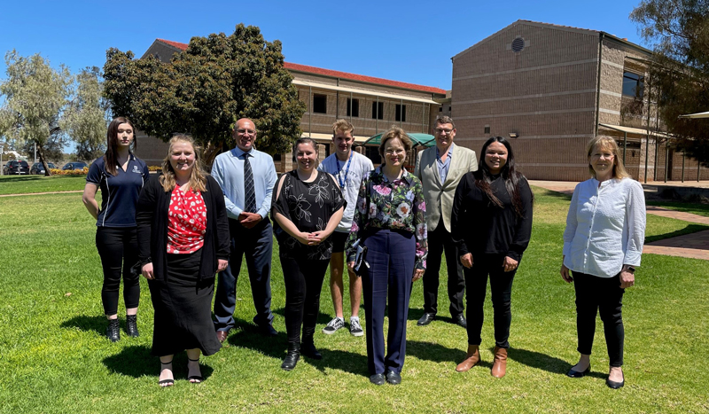 From left to right: Student Jasmine Edwards, UniSA Regional Student Support and Project Officer Simone Purdie, UniSA Regional Manager: Whyalla Paul Havelberg, students Ashlee Jones and Hayden Gill, the Governor Her Excellency the Honourable Frances Adamson AC, the Governor’s husband Rod Bunten, UniSA Aboriginal Student and Community Engagement Officer Tahnee Jackson and UniSA Unit Head for Social Work and Rural Practice Dr Cate Hudson.