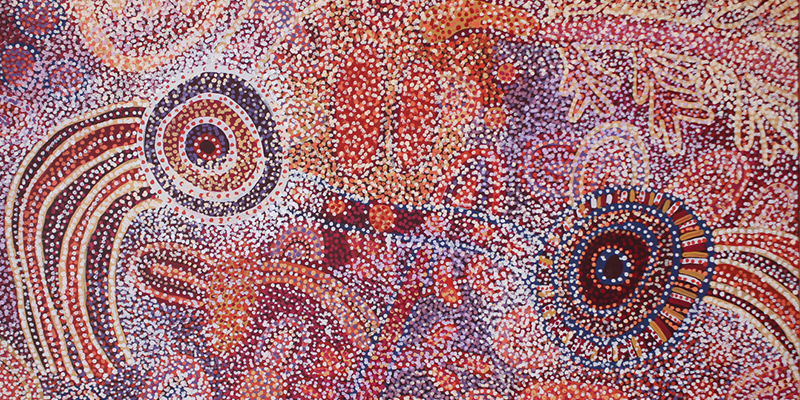 Ngupulya PUMANI, b. 1948 Mimili, Pitjantjatjara, Antara 2017, acrylic on linen, 122x183cm. University of South Australia Art Collection. Image courtesy the artist and Mimili Maku Arts.