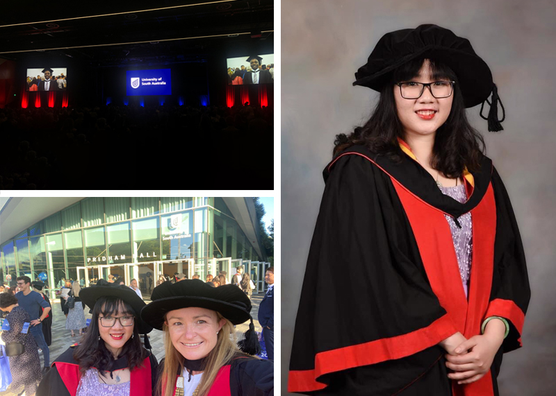 (L) Associate Professor of Bioinorganic Chemistry Sally Plush (right) celebrating with Dr Candace Day. (R) Graduating with her PhD, Dr Candace Day. 