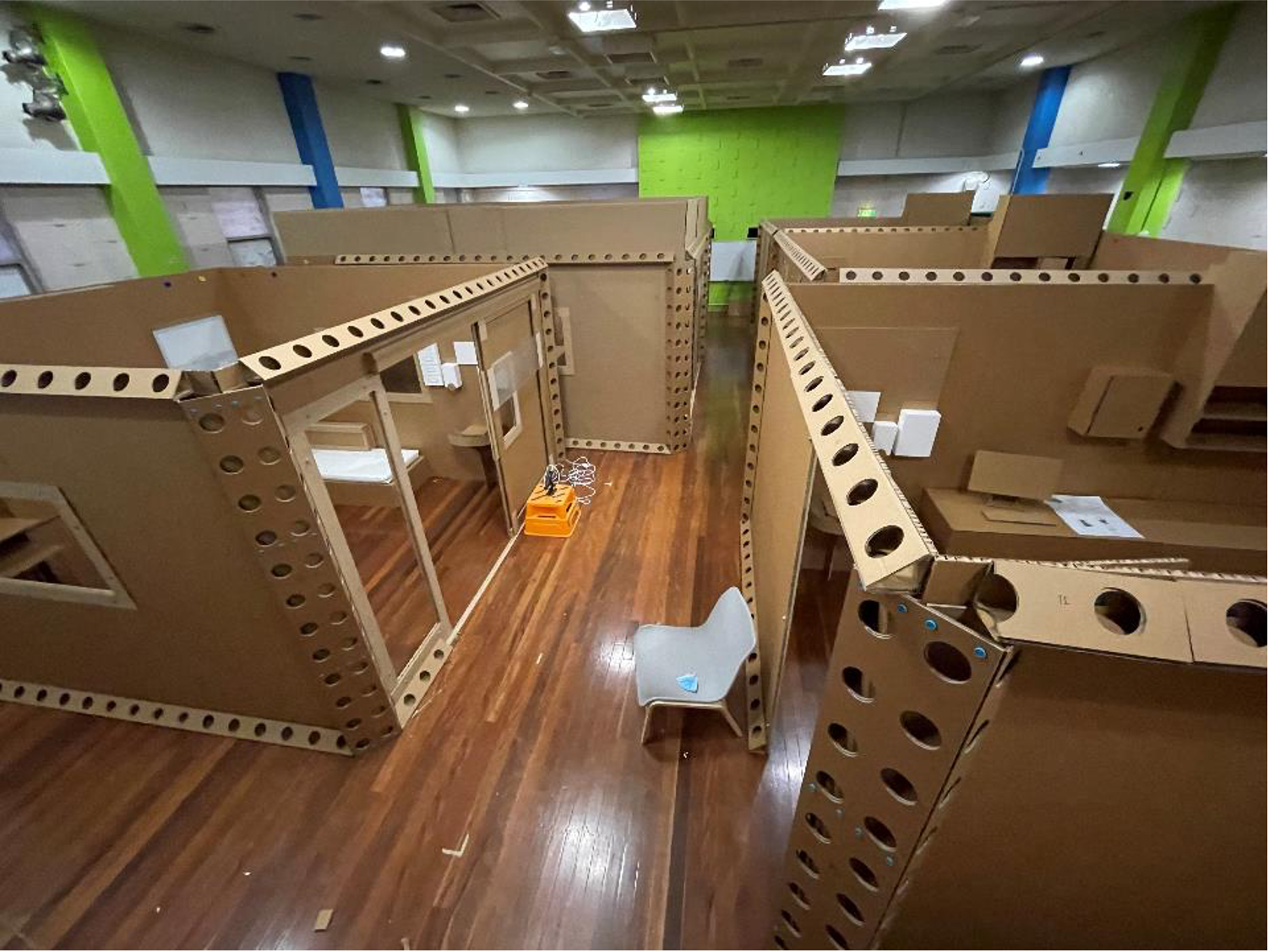 Life-size mock-up rooms of Adelaide's new Woman's and children's Hospital made out of cardboard. 2