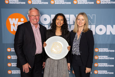 UniSA Professors Peter Murphy and Allison Cowin with Deb James (centre), Director at Resonate Consultants and winner of the UniSA-sponsored Engineering Award at the 2022 Winnovation SA awards (photo by Heidi Wolff photography).