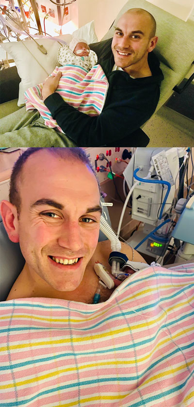 Joel Mackenzie in the NICU at the Women's and Children's Hospital in Adelaide, providing kangaroo care with his preterm daughter Lucy, who weighed 540 grams at birth.