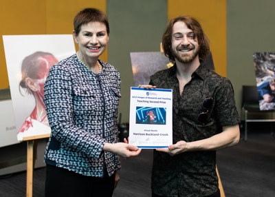 UniSA Chancellor Pauline Carr with Creative Industries student Harrison Buckland-Crook, who won second prize in the teaching category.