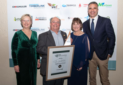 SA Primary Industries Minister Clare Scriven (left) and Premier Peter Malinauskas (right) presented the Timber Legend Award to UniSA general manager for forest research, Dr Jim O'Hehir, pictured with wife Judy O’Hehir, at the Green Triangle Timber Industry Awards.