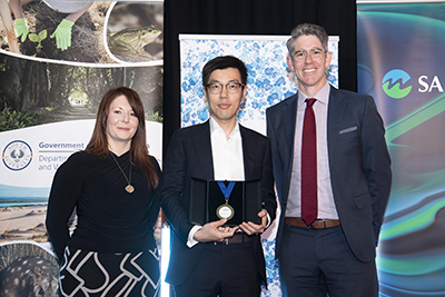 UniSA PhD student Weiwei Duan (centre) and Hodgson Medal: Student Water Prize winner with Australian Water Association SA branch president Carly Souter (left) and the Office of Northern Water Delivery (award sponsor) chief executive Matt Hardy (right).