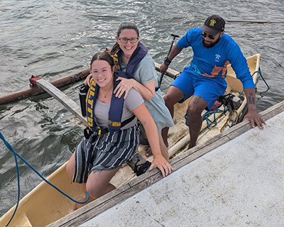 Makayla Moseley-Greatwich (front) and Shelyn Wilkinson (back) eager to visit a Uto ni Yalo, a traditional Polynesian sailing vessel.